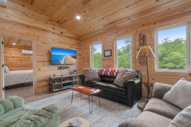 5653 Wire Rd, Branchville, SC 29432 - living area featuring wooden ceiling, vaulted ceiling, wood finished floors, and wooden walls
