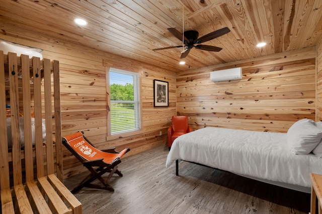 5653 Wire Rd, Branchville, SC 29432 - bedroom with recessed lighting, a wall mounted air conditioner, wood walls, wood finished floors, and wooden ceiling