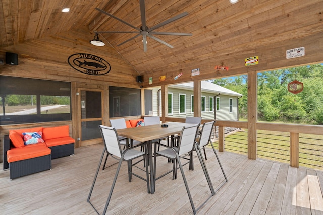 5653 Wire Rd, Branchville, SC 29432 - sunroom / solarium with a wooden deck, a ceiling fan, wood ceiling, and wood-type flooring