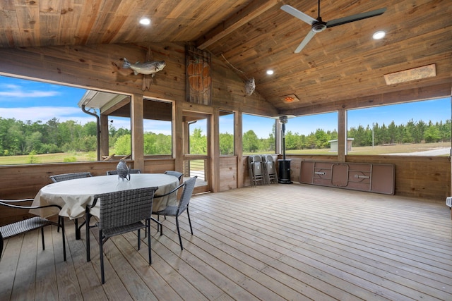 5653 Wire Rd, Branchville, SC 29432 - sunroom / solarium with high vaulted ceiling, hardwood / wood-style flooring, wood ceiling, ceiling fan, and a healthy amount of sunlight