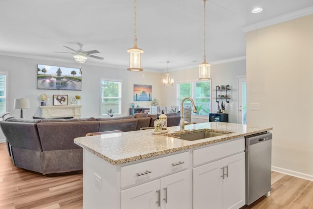 266 Torslanda Ln, Summerville, SC 29486 - kitchen featuring stainless steel dishwasher, a sink, ornamental molding, light wood-type flooring, and light stone counters