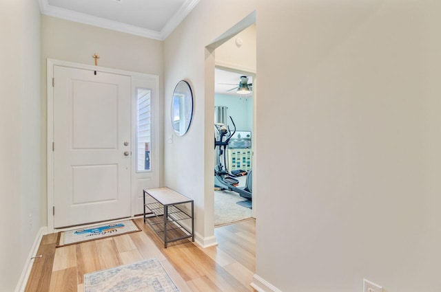 266 Torslanda Ln, Summerville, SC 29486 - foyer entrance with light wood-style floors, crown molding, baseboards, and a ceiling fan