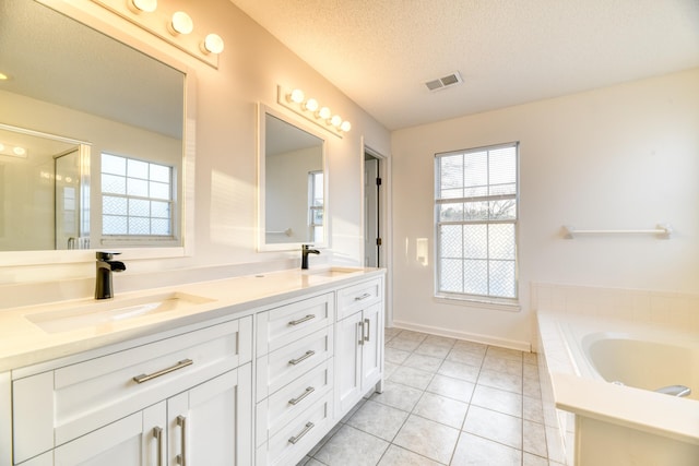 bathroom with a textured ceiling, a sink, visible vents, and a healthy amount of sunlight