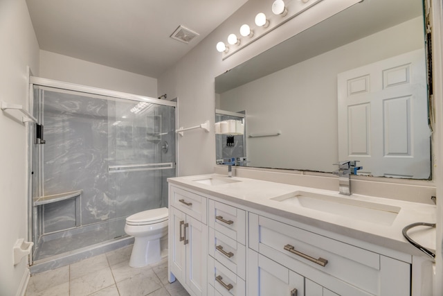 full bathroom with visible vents, a sink, a shower stall, and toilet