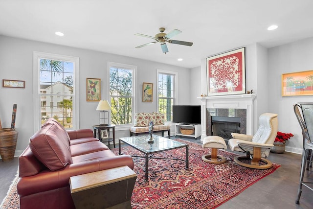 living room featuring ceiling fan