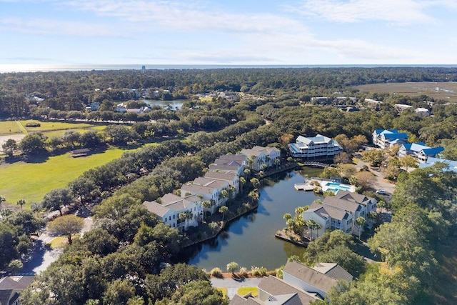 birds eye view of property featuring a water view