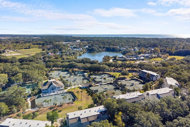 bird's eye view with a water view