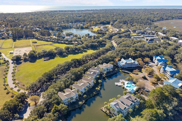 bird's eye view with a water view