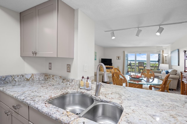 kitchen with a sink, light stone counters, gray cabinetry, and open floor plan