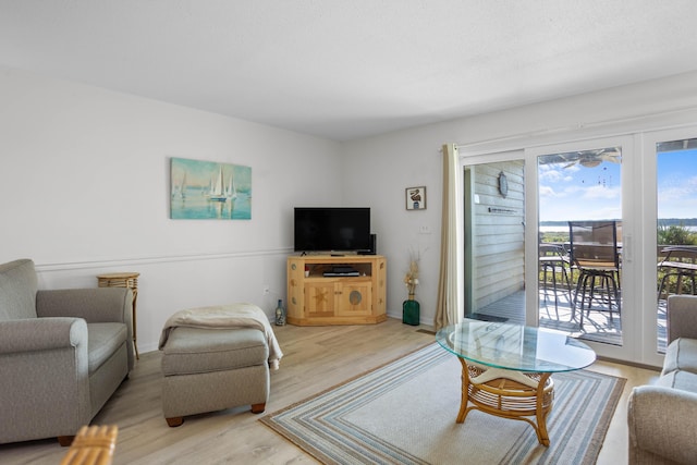 living area with light wood-style floors and baseboards