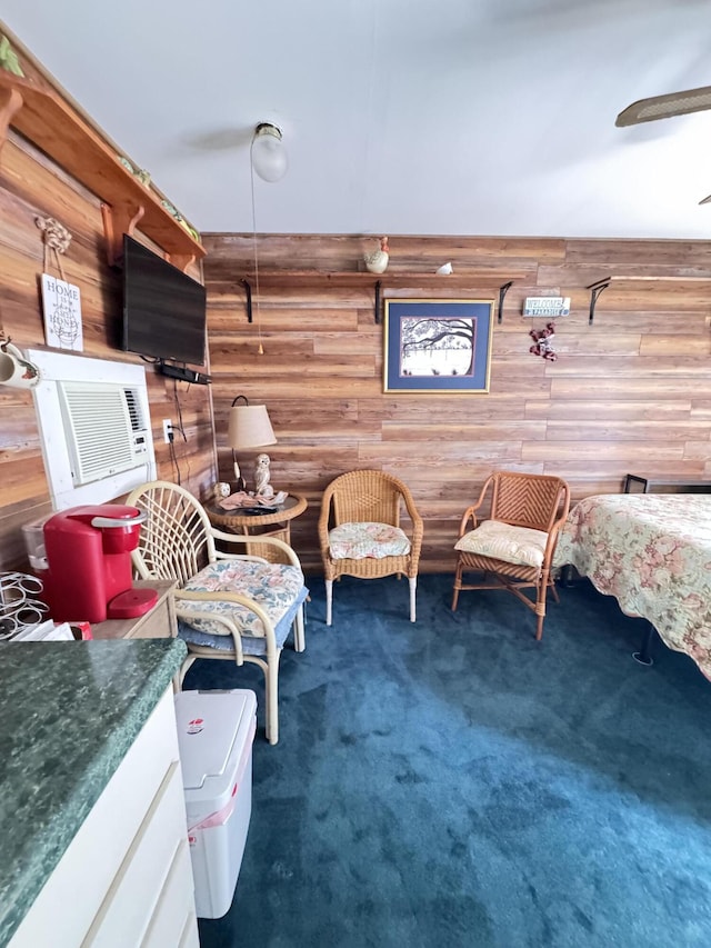 4589 Prices Bridge Ln, Walterboro, SC 29488 - living area featuring carpet, a ceiling fan, and wood walls