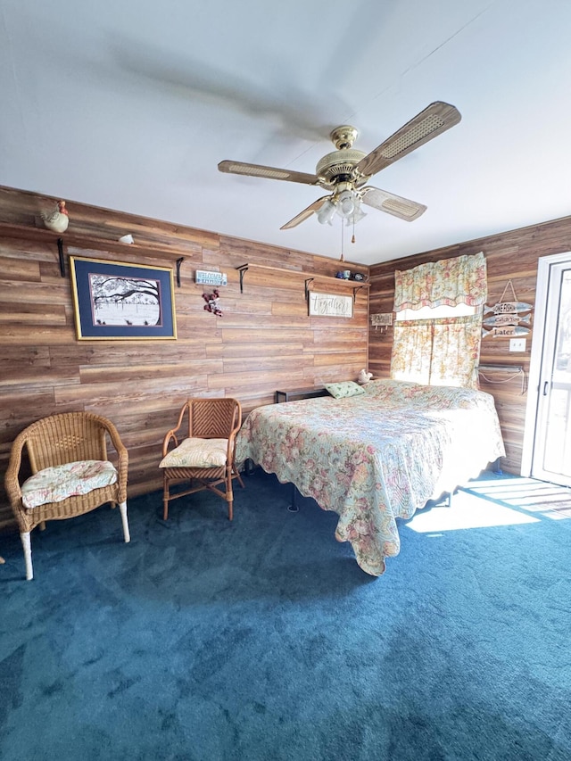 4589 Prices Bridge Ln, Walterboro, SC 29488 - bedroom featuring carpet flooring, wood walls, and ceiling fan