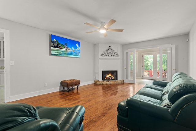 206 Chaussee Blvd, Summerville, SC 29483 - living room with ceiling fan, wood finished floors, baseboards, and a brick fireplace