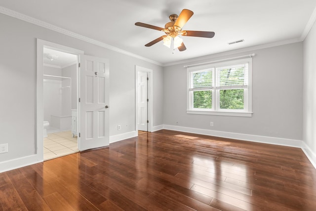 206 Chaussee Blvd, Summerville, SC 29483 - unfurnished bedroom with hardwood / wood-style flooring, baseboards, crown molding, connected bathroom, and ceiling fan