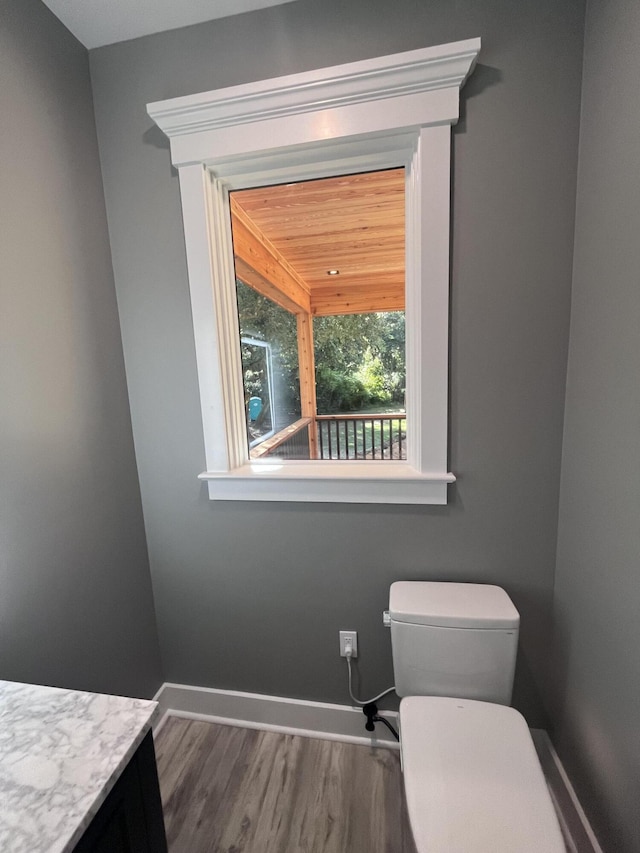 bathroom featuring vanity, wood ceiling, wood-type flooring, and toilet