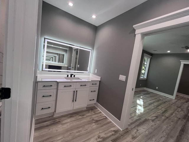 bathroom featuring wood-type flooring and vanity