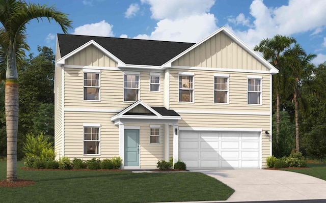 view of front facade with an attached garage, a shingled roof, concrete driveway, board and batten siding, and a front yard