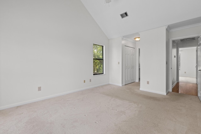 633 Stono Edge Dr, Charleston, SC 29412 - unfurnished bedroom with carpet, high vaulted ceiling, crown molding, a closet, and ceiling fan