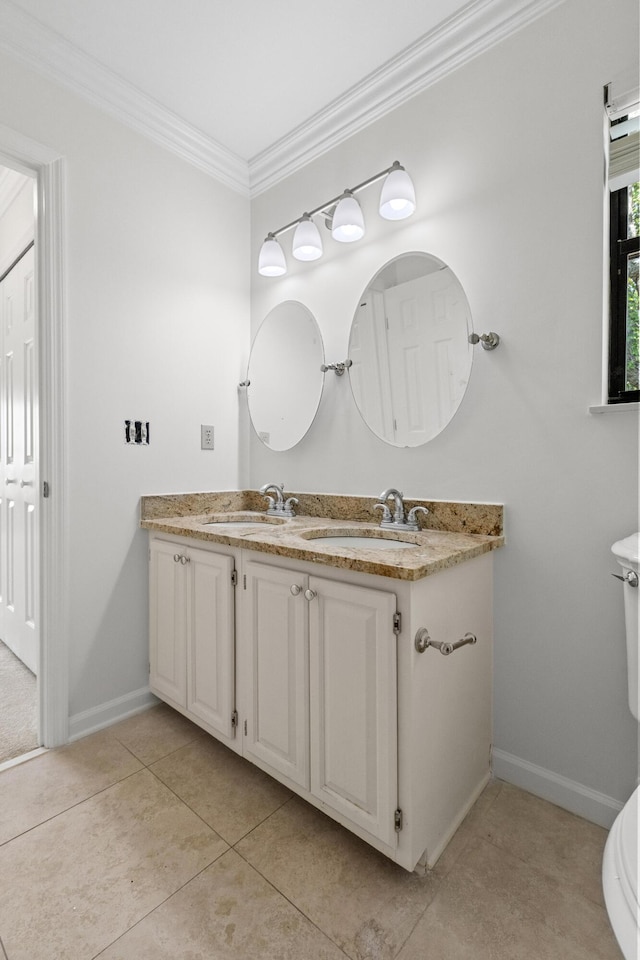 633 Stono Edge Dr, Charleston, SC 29412 - bathroom with double vanity, ornamental molding, and tile patterned floors