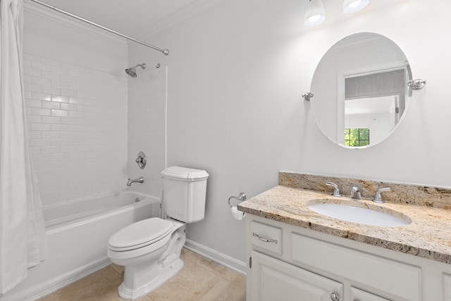 633 Stono Edge Dr, Charleston, SC 29412 - bathroom with shower / tub combo with curtain, vanity, ornamental molding, and tile patterned floors