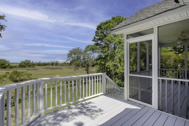 633 Stono Edge Dr, Charleston, SC 29412 - wooden terrace with a ceiling fan, a yard, and a sunroom