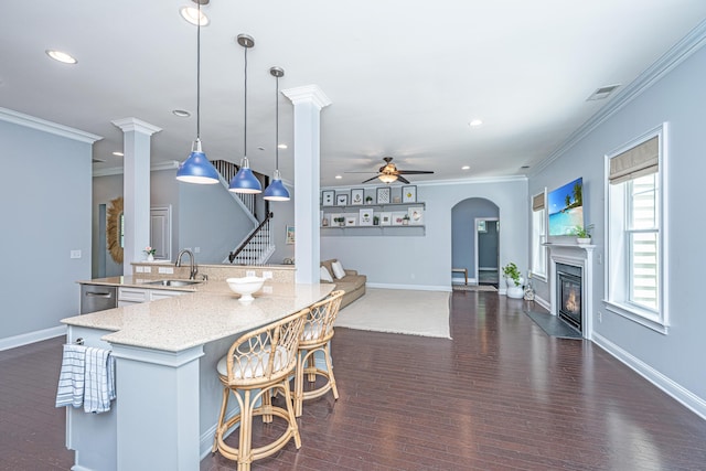 1721 Wellstead St, Mount Pleasant, SC 29466 - kitchen featuring a glass covered fireplace, recessed lighting, ceiling fan, dark wood-type flooring, and a breakfast bar area