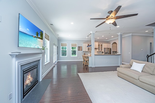 1721 Wellstead St, Mount Pleasant, SC 29466 - living area with a glass covered fireplace, dark wood finished floors, crown molding, ceiling fan, and recessed lighting