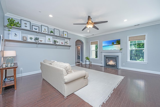 1721 Wellstead St, Mount Pleasant, SC 29466 - living area with arched walkways, a ceiling fan, dark wood-type flooring, a fireplace with flush hearth, and ornamental molding