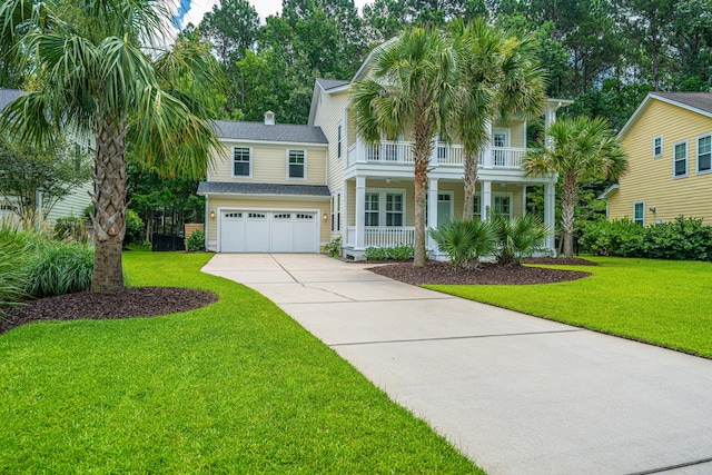 1721 Wellstead St, Mount Pleasant, SC 29466 - view of front facade featuring driveway, covered porch, a garage, a front yard, and a balcony