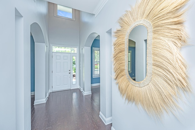 1721 Wellstead St, Mount Pleasant, SC 29466 - entrance foyer with dark wood-style flooring, a towering ceiling, and crown molding