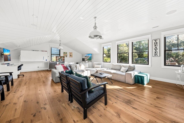 living room featuring light wood-type flooring, vaulted ceiling, and wood ceiling