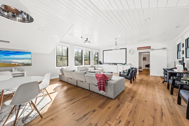 living room featuring light hardwood / wood-style flooring and wooden ceiling