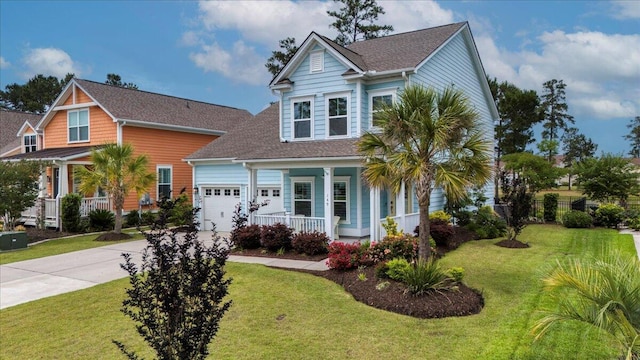 view of front of home featuring driveway, a front yard, a garage, and a porch