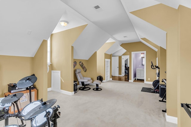 133 Wando Reach Rd, Wando, SC 29492 - exercise area featuring carpet floors, lofted ceiling, and baseboards