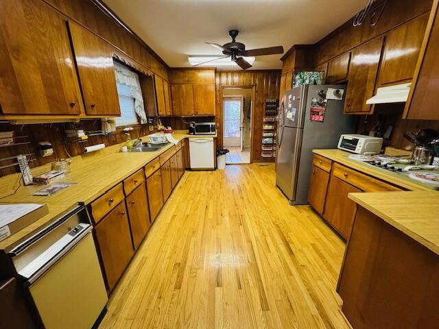 kitchen with ceiling fan, sink, stainless steel appliances, and light wood-type flooring