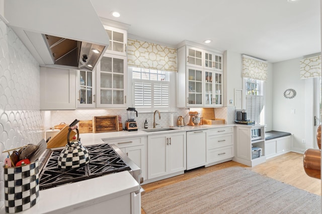 kitchen with white cabinetry, sink, tasteful backsplash, and custom range hood