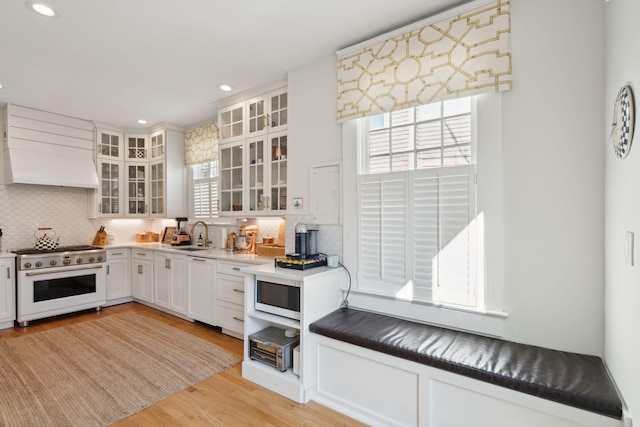 kitchen with custom exhaust hood, decorative backsplash, white cabinets, and high end stove