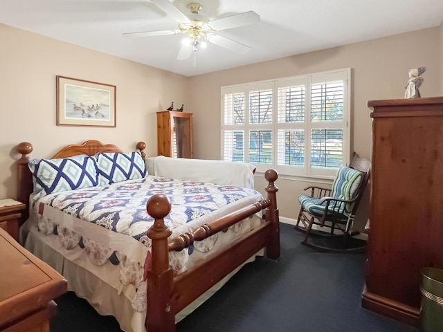 carpeted bedroom featuring ceiling fan