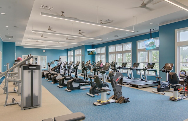 exercise room with ceiling fan, recessed lighting, visible vents, and carpet