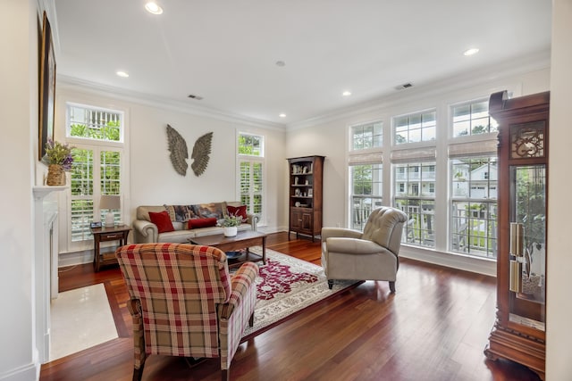3221 Johnstowne St, Johns Island, SC 29455 - living area featuring ornamental molding, wood finished floors, recessed lighting, and a fireplace