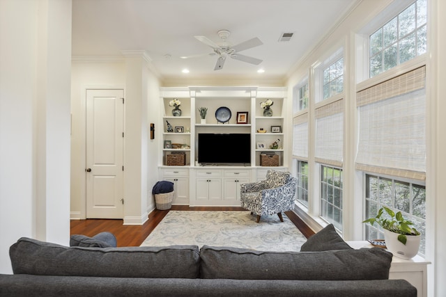 3221 Johnstowne St, Johns Island, SC 29455 - living area with crown molding, dark wood-style floors, plenty of natural light, ceiling fan, and recessed lighting