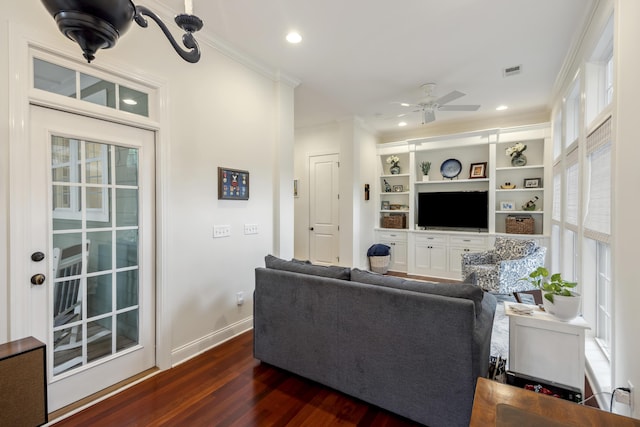 3221 Johnstowne St, Johns Island, SC 29455 - living area featuring crown molding, dark wood-style flooring, ceiling fan, and recessed lighting