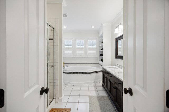 3221 Johnstowne St, Johns Island, SC 29455 - bathroom featuring ornamental molding, a garden tub, a stall shower, vanity, and tile patterned flooring