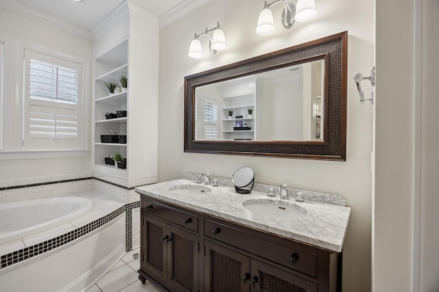 3221 Johnstowne St, Johns Island, SC 29455 - bathroom featuring a garden tub, double vanity, ornamental molding, and tile patterned floors