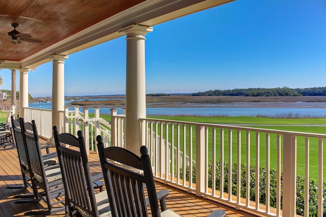 3221 Johnstowne St, Johns Island, SC 29455 - wooden deck featuring a water view, ceiling fan, and a yard