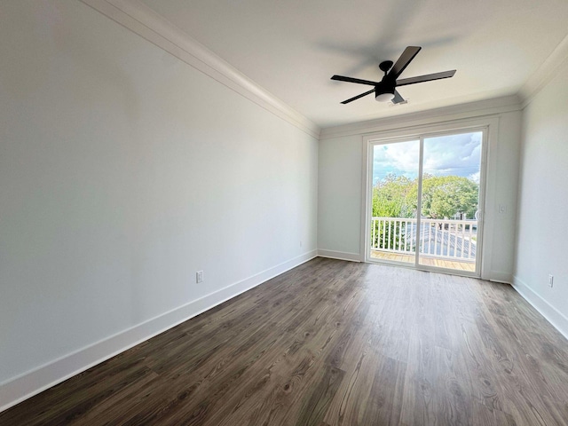 unfurnished room featuring hardwood / wood-style flooring, ceiling fan, and crown molding