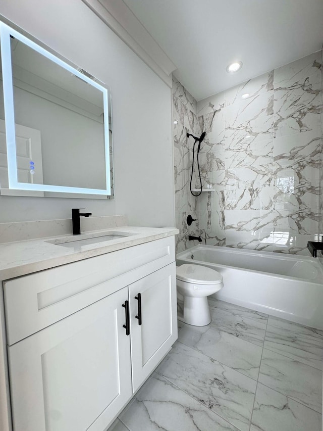 full bathroom featuring vanity, shower / bath combination, and toilet