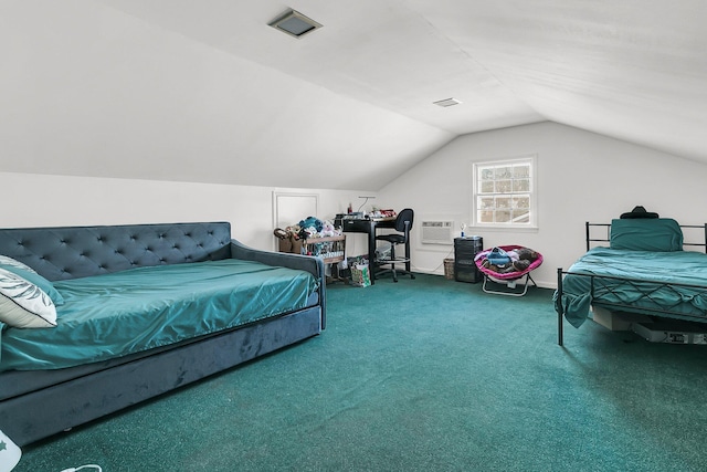 bedroom with a wall mounted AC, vaulted ceiling, and carpet