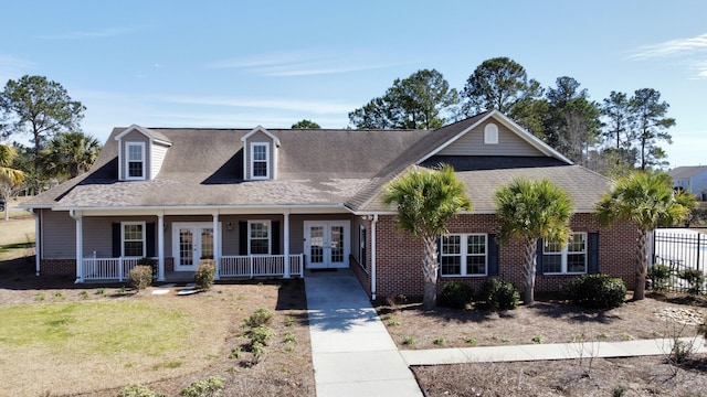 view of front of house featuring covered porch, french doors, fence, and brick siding