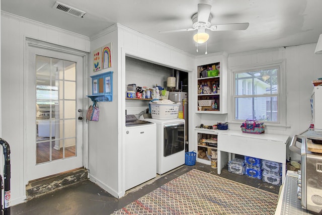 1032 Windward Rd, Charleston, SC 29412 - laundry area with washer and clothes dryer, crown molding, ceiling fan, and water heater